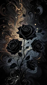 An abstract representation of black roses with swirling patterns, vibrant contrast for a bold black rose wallpaper, UHD