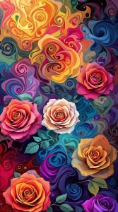 Artistic depiction of roses in swirling abstract patterns, vibrant colors for a unique roses wallpaper, ultra-HD