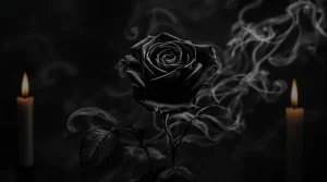 A gothic-inspired black rose surrounded by candlelight and dark shadows, creating a striking black rose wallpaper, UHD