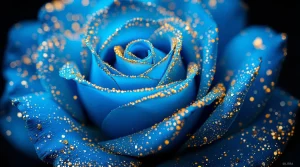 A vibrant blue rose with golden highlights and delicate petals, creating a striking blue rose wallpaper, ultra-HD