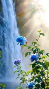 Blue roses growing near a flowing waterfall, surrounded by mist and sunlight, ideal for a serene blue rose wallpaper, 4K