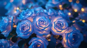 A cluster of blue roses glowing under soft pastel lighting, perfect for a dreamy blue rose wallpaper, ultra-HD