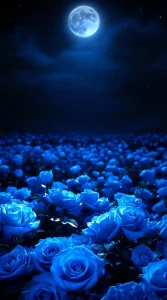 A field of blue roses illuminated by the soft glow of the moon, ideal for a dreamy blue rose wallpaper, 4K clarity