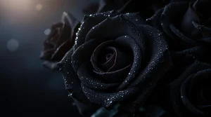 A cluster of black roses with water droplets shimmering under soft light, creating a dark black rose wallpaper, 4K