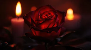 A dark rose glowing softly under flickering candlelight, perfect for an enchanting dark rose wallpaper, ultra-HD