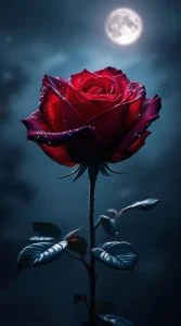 A single dark rose glistening under soft moonlight with a misty background, ideal for a serene dark rose wallpaper, UHD