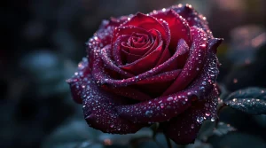 A dark rose sparkling with fresh raindrops, illuminated by soft light, ideal for a refreshing dark rose wallpaper, 4K