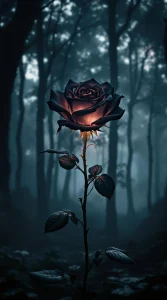 A glowing black rose in a dark misty forest, ideal for a mystical black rose wallpaper, ultra-HD