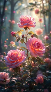 Roses glowing with a soft ethereal light in a dreamy forest setting, magical roses wallpaper, stunning 4K detail