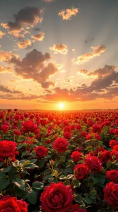 A stunning field of red roses in full bloom under a golden sunset, ideal for a breathtaking red rose wallpaper, UHD