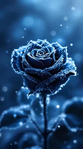 A black rose encased in frost, shimmering under soft blue light, perfect for a unique black rose wallpaper, 4K clarity