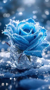 A blue rose encased in ice, shimmering under soft light, perfect for a frosty blue rose wallpaper, UHD clarity