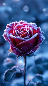 A dark rose covered in frost, glowing softly under bluish light, perfect for a wintery dark rose wallpaper, 4K clarity