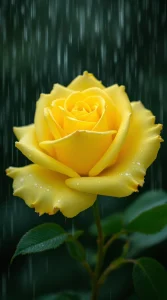 A golden yellow rose glistening under a soft rain shower, perfect for a fresh HD yellow rose in rain wallpaper, 4K