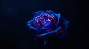 A single blue rose with deep hues, glowing softly against a dark background, perfect for a mystical blue rose wallpaper, ultra-HD