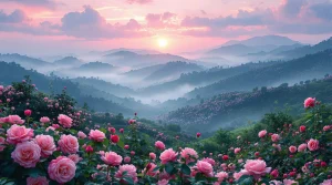 A mystical landscape with blooming roses and misty hills, ideal for enchanting roses wallpaper, stunning 4K