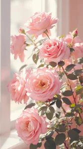 Soft pastel pink roses glowing against a blurred background, ideal for a calming pink rose wallpaper, ultra-HD clarity