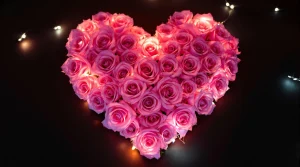 A heart-shaped arrangement of pink roses surrounded by glowing lights, perfect for a romantic pink rose wallpaper, UHD