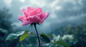 A pink rose glistening with raindrops under a cloudy sky, creating a refreshing pink rose wallpaper, 4K detail