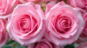 Pink roses with water droplets on their soft petals, captured in crisp detail for a refreshing pink roses wallpaper, 4K