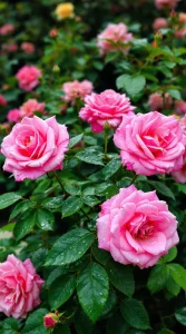 Pink roses glistening with morning dew in a lush garden, perfect for a serene pink roses wallpaper, 4K clarity