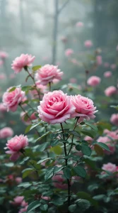 Pink roses blooming in a misty forest with soft diffused light, ideal for a dreamy pink rose wallpaper, 4K clarity