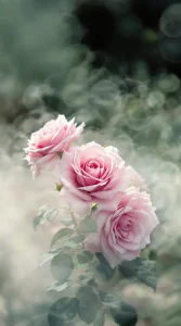 A soft mist surrounds a cluster of pink roses, creating a dreamy, serene pink roses wallpaper, ultra-HD