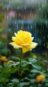 A yellow rose blooming in a garden while raindrops gently fall, perfect for a tranquil yellow rose in rain wallpaper, 4K