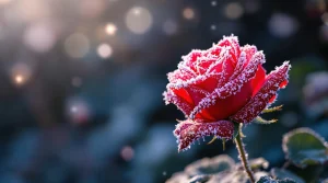 A red rose covered in delicate frost, glowing under a soft winter light, perfect for a serene red rose wallpaper, UHD