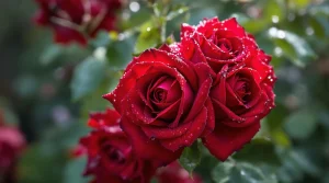 A cluster of red roses sparkling with fresh raindrops, creating a refreshing red rose wallpaper, ultra-HD clarity