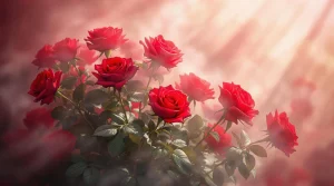 A cluster of red roses surrounded by mystical mist and soft light, perfect for a magical red rose wallpaper, ultra-HD