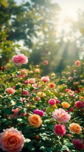 A serene rose garden in full bloom, with roses of multiple colors, ideal for a breathtaking rose wallpaper, ultra-HD