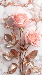 Rose gold roses elegantly placed on a white marble background, creating a minimalist rose gold wallpaper, ultra-HD