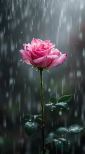 A single rose standing in soft rain, with droplets shimmering on its petals, ideal for a romantic rose wallpaper, 4K clarity