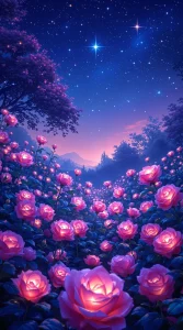 A garden of roses glowing softly under a starlit night sky, creating a magical rose wallpaper, ultra-HD detail