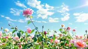 Endless fields of roses in full bloom under a serene blue sky, ideal for calming roses wallpaper, 4K crispness