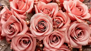 A shimmering bouquet of rose gold roses with sparkling accents, crafted for a radiant rose gold wallpaper, 4K detail