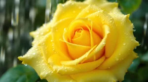 Close-up of a yellow rose with water droplets on its petals, glowing softly under the rain, ideal for an HD yellow rose in rain wallpaper, UHD