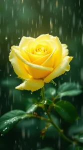 A yellow rose with a soft glow, surrounded by gentle raindrops, perfect for a calming yellow rose in rain wallpaper, 4K