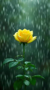 A yellow rose gently swaying in a soft rainfall, ideal for a romantic HD yellow rose in rain wallpaper, UHD