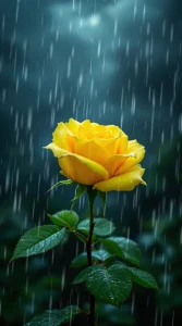 A yellow rose in a dramatic rainstorm, petals shining under the stormy skies, perfect for an HD yellow rose in rain wallpaper, UHD