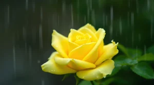 A vibrant yellow rose covered in sparkling raindrops, perfect for a refreshing yellow rose in rain wallpaper, ultra-HD