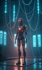 4K Futuristic AI Wallpaper – Glowing Robot with Holograms