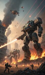 4K Mech Warfare Wallpaper – Futuristic Battle in Titan City